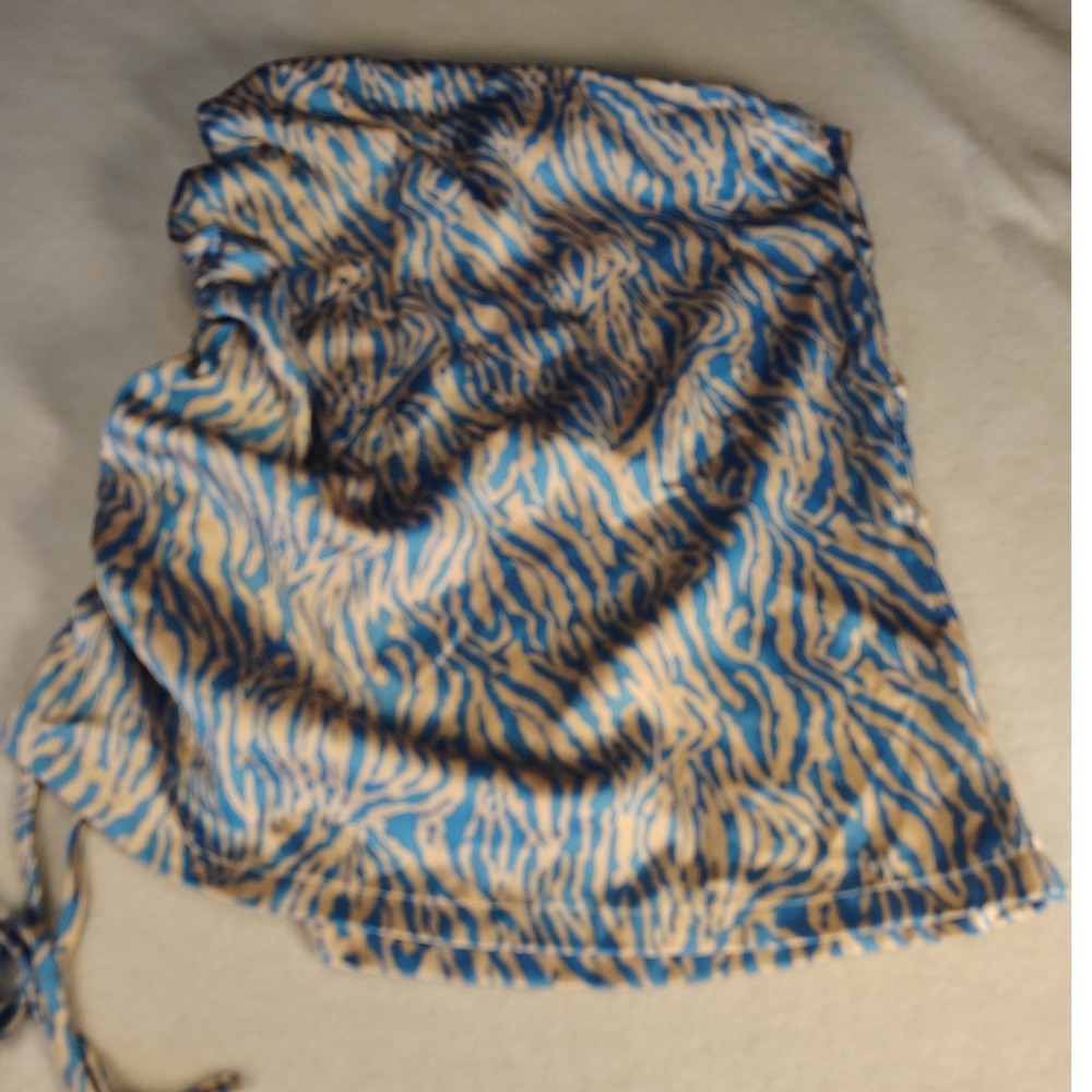 SHEIN Mini Skirt Womens XS Blue Tan Excellent Zebra Print Ruched Drawstring